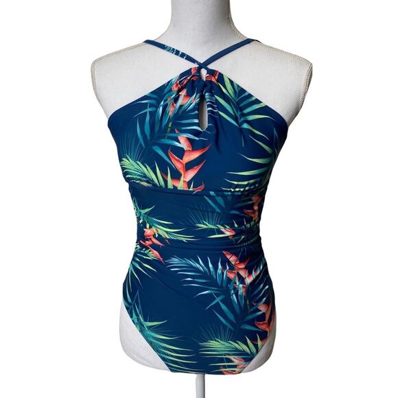 CUPSHE Teal Floral Cutout Halter One Piece Women Swimsuit Size Small NEW - Picture 1 of 6